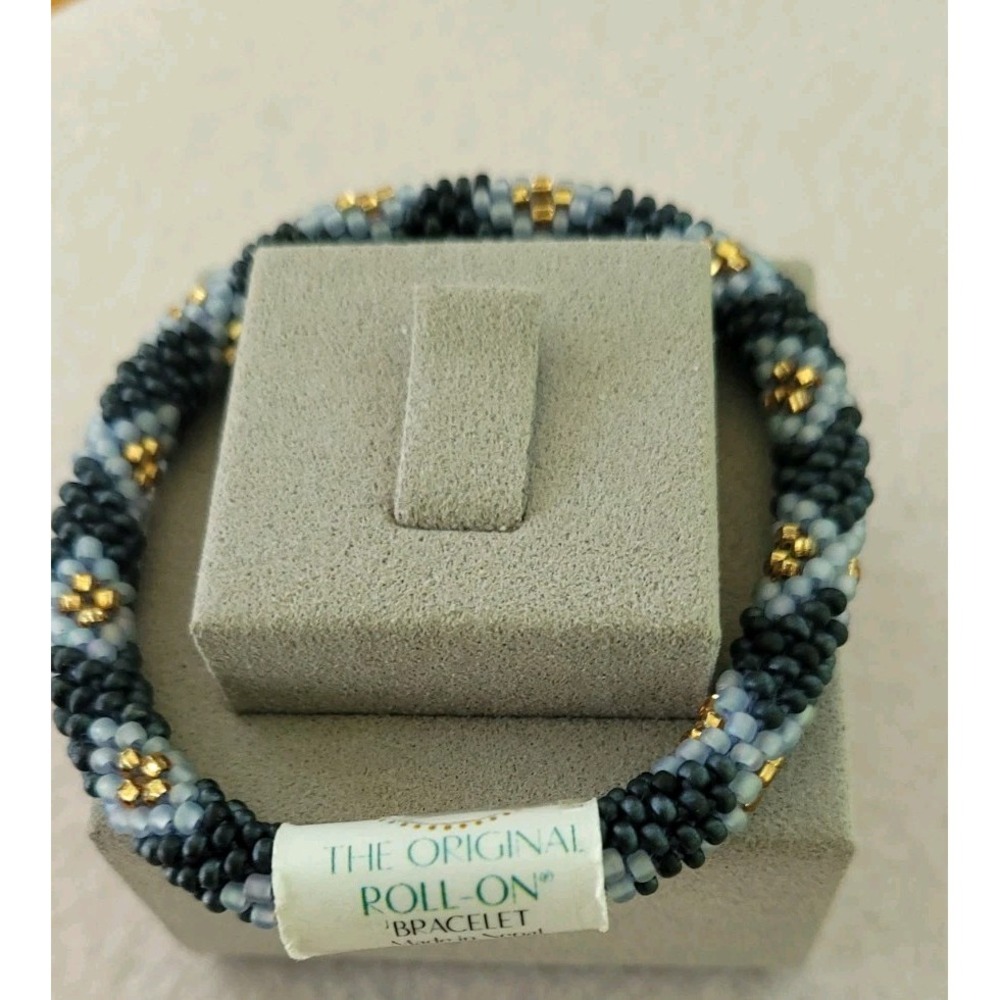 AID THROUGH TRADE Original Roll-On Bracelet Nepal Seed Bead Blue Gold 6.5" New